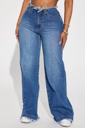 Jeansy Fashion Nova Come And Get It Cut Off Waistband Wide Leg Damskie Niebieskie Polska | 236140EBS