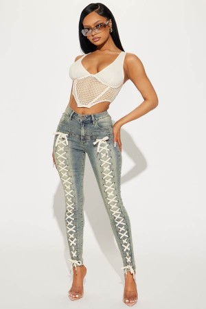 Jeansy Fashion Nova Don't Cross Me Lace Up Stretch Skinny Damskie Niebieskie Polska | 768143CFS