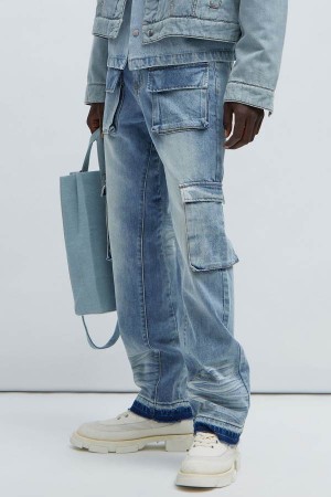 Jeansy Fashion Nova Elijah Straight Cargo Męskie Niebieskie Niebieskie Polska | 920735YCQ
