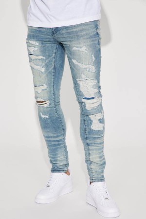 Jeansy Fashion Nova For The Fame Stacked Skinny Męskie Głęboka Niebieskie Polska | 692705PHL