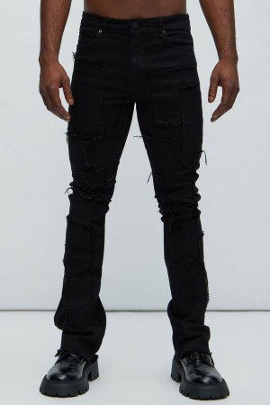 Jeansy Fashion Nova Frayed Patches Stacked Skinny Flare Męskie Czarne Polska | 231685NQZ