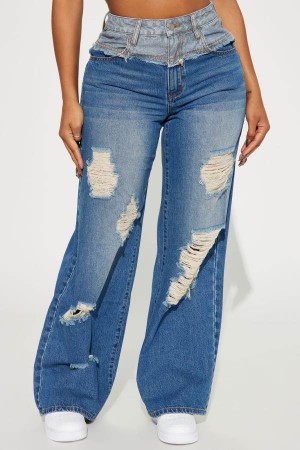 Jeansy Fashion Nova Gaslighter Wide Leg Ripped Damskie Niebieskie Polska | 576934CZN