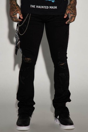 Jeansy Fashion Nova Get It Right Stacked Skinny Flare Męskie Czarne Polska | 916204DME