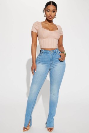 Jeansy Fashion Nova Get My Good Side Slit Premium Stretch Skinny Damskie Głęboka Niebieskie Niebieskie Polska | 097865OIM