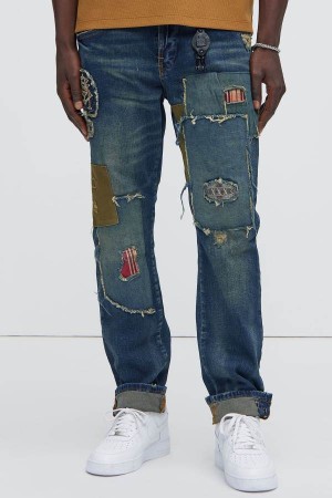 Jeansy Fashion Nova Get On My Own Patched Stacked Skinny Męskie Indygo Polska | 807413FED