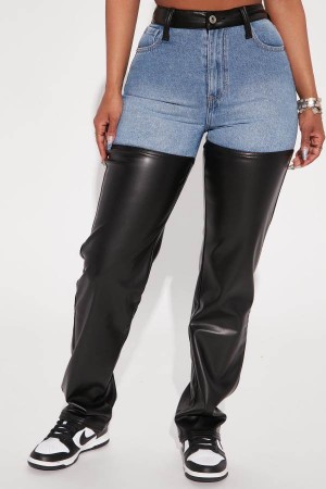 Jeansy Fashion Nova Get Real Faux Leather Denim High Rise Straight Leg Damskie Niebieskie Niebieskie Polska | 892054DTF