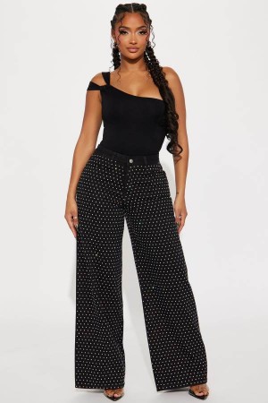 Jeansy Fashion Nova Glo Embellished Wide Leg Damskie Czarne Polska | 725983HFQ
