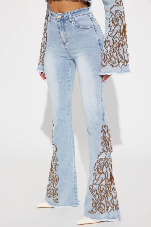 Jeansy Fashion Nova Glow Up Embroidered Stretch Flare Damskie Głęboka Niebieskie Polska | 349875ART