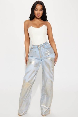 Jeansy Fashion Nova Gold Rush Metallic Stretch Baggy Damskie Złote Polska | 459371YRA