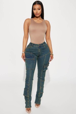 Jeansy Fashion Nova Good Form Cargo Slim Straight Leg Damskie Ciemny Niebieskie Polska | 937028IEZ