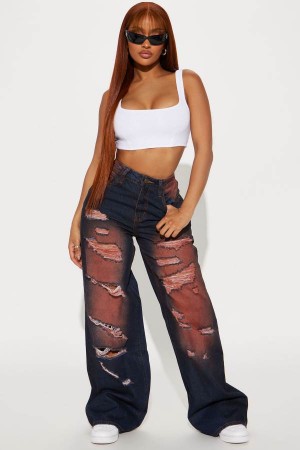 Jeansy Fashion Nova Got That Right Tinted Ripped Wide Leg Damskie Ciemny Niebieskie Polska | 206415RXU
