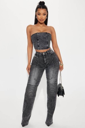 Jeansy Fashion Nova Have It My Way Moto Stretch Straight Leg Damskie Czarne Niebieskie Polska | 532049BMP