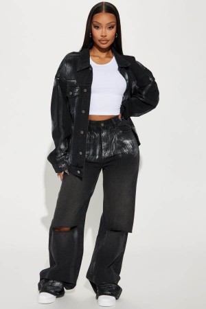 Jeansy Fashion Nova Heavy Metal Foil Ripped Straight Leg Damskie Czarne Niebieskie Polska | 065497QAP