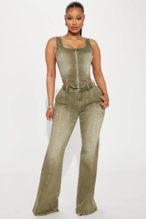 Jeansy Fashion Nova High Esteem Flare Damskie Zielone Polska | 587460MCG