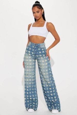 Jeansy Fashion Nova Hit Your Line Ripped Wide Leg Damskie Niebieskie Polska | 614820JOX