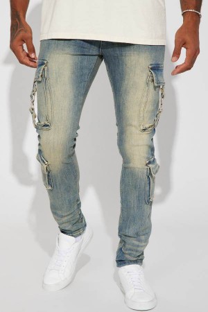 Jeansy Fashion Nova Hold On Cargo Stacked Skinny Męskie Niebieskie Polska | 925403XZL