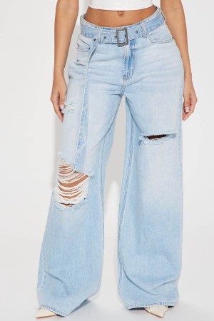 Jeansy Fashion Nova Hush Up Belted Wide Leg Damskie Głęboka Niebieskie Polska | 502914HGC