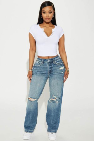 Jeansy Fashion Nova I Said So Ripped Straight Leg Damskie Ciemny Niebieskie Polska | 018653NUT