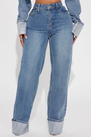 Jeansy Fashion Nova Influential Sparkle Baggy Straight Leg Damskie Niebieskie Polska | 456937SWO