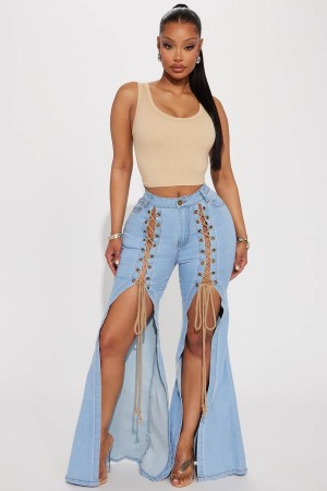 Jeansy Fashion Nova Invested Stretch Lace Up Flare Damskie Głęboka Niebieskie Polska | 265748WTN