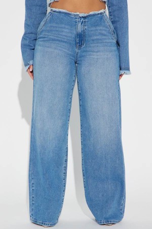 Jeansy Fashion Nova It's Just Business Cut Off Waistband Baggy Damskie Niebieskie Polska | 217630FMC