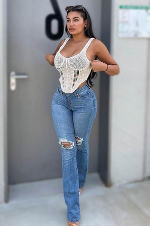 Jeansy Fashion Nova Jessie Mid Rise Distressed Bootcut Damskie Głęboka Niebieskie Niebieskie Polska | 185623AEO