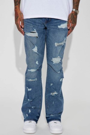 Jeansy Fashion Nova Keep It Juicy Distressed Stacked Slim Flare Męskie Niebieskie Niebieskie Polska | 861320CMN
