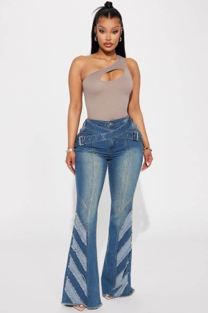 Jeansy Fashion Nova Keeping Receipts Belted Flare Damskie Niebieskie Polska | 063728IGV