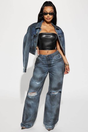 Jeansy Fashion Nova Kensington Ripped Straight Leg Damskie Niebieskie Czarne Polska | 658743BNQ