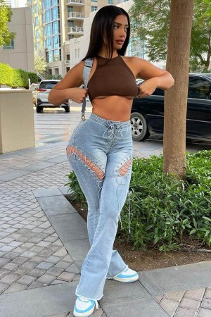 Jeansy Fashion Nova La Brea Laced Up Flare Damskie Głęboka Niebieskie Niebieskie Polska | 793120VNL