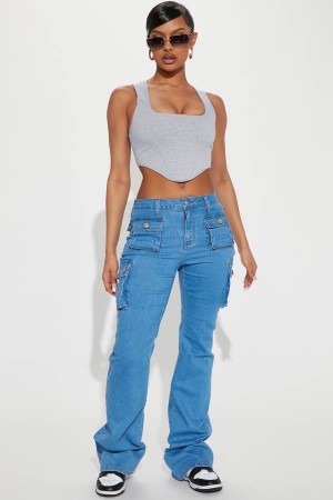 Jeansy Fashion Nova Late Nights Mid Rise Cargo Flare Damskie Niebieskie Niebieskie Polska | 534981OXY
