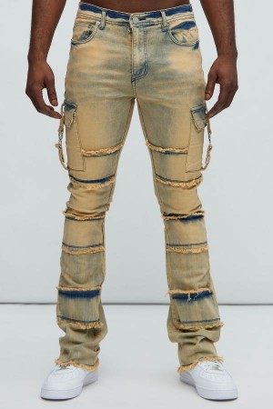 Jeansy Fashion Nova Lined Fray Cargo Flare Męskie Niebieskie Niebieskie Polska | 315427SBN