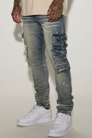 Jeansy Fashion Nova Loaded Stacked Skinny Cargo Męskie Niebieskie Polska | 362504JIT