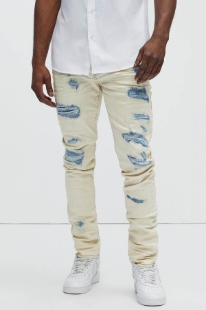 Jeansy Fashion Nova Mansur Destroyed Skinny Męskie Niebieskie Niebieskie Polska | 706583LCI