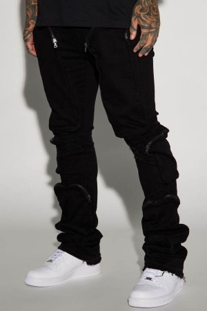 Jeansy Fashion Nova Many Pockets Cargo Stacked Skinny Flare Męskie Czarne Polska | 328654CXF