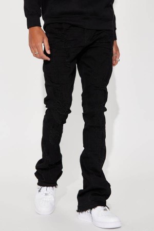 Jeansy Fashion Nova On The Scene Ripped Stacked Skinny Flare Męskie Czarne Polska | 796523GEY