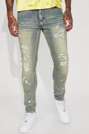 Jeansy Fashion Nova On The Spot Ripped Stacked Skinny Męskie Niebieskie Niebieskie Polska | 607582PUZ