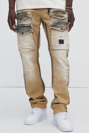 Jeansy Fashion Nova On Time Cargo Stained Straight Męskie Khaki Polska | 625381ZXP