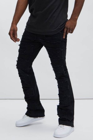 Jeansy Fashion Nova Patch Ripped Stacked Skinny Flare Męskie Czarne Polska | 285079TSH