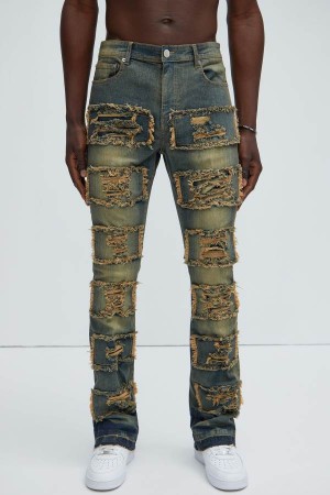 Jeansy Fashion Nova Patch Ripped Stacked Skinny Flare Męskie Niebieskie Polska | 658347CGY
