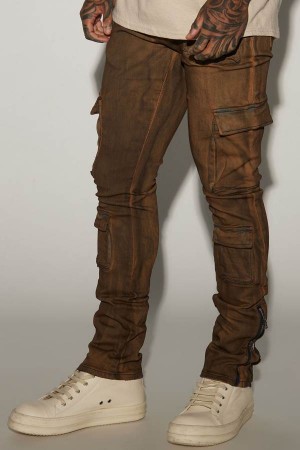 Jeansy Fashion Nova Pocket Me Cargo Stacked Skinny Zipper Flare Męskie Brązowe Polska | 618275JXB
