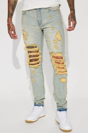 Jeansy Fashion Nova Pray For My Enemies Destroyed Stacked Skinny Męskie Niebieskie Niebieskie Polska | 810374KAB