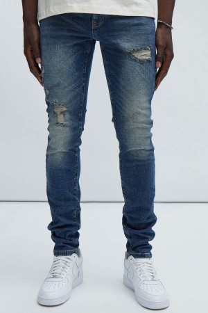 Jeansy Fashion Nova Primary Distressed Stacked Skinny Męskie Ciemny Niebieskie Polska | 634195YDX