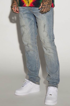 Jeansy Fashion Nova Ripped And Bleach Splatter Slim Męskie Głęboka Niebieskie Niebieskie Polska | 473091YEL