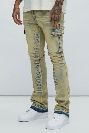 Jeansy Fashion Nova Ruthless Embroidered Stacked Skinny Cargo Flare Męskie Niebieskie Niebieskie Polska | 260415IZD