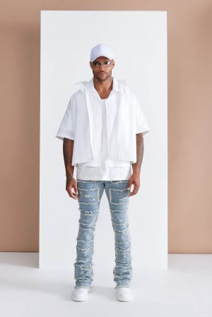 Jeansy Fashion Nova Shredded Stacked Skinny Flared Męskie Niebieskie Polska | 297813PTJ