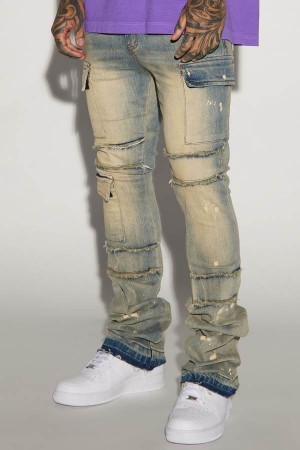 Jeansy Fashion Nova Side Snap Cargo Stacked Skinny Flare Męskie Niebieskie Polska | 408627HMW