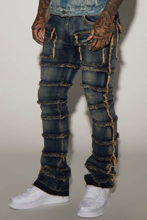 Jeansy Fashion Nova Square Pockets Fray Stacked Skinny Flare Męskie Ciemny Niebieskie Polska | 850493WKU