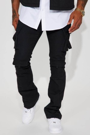 Jeansy Fashion Nova Strapped In Cargo Stacked Skinny Flare Męskie Czarne Polska | 532708BKJ