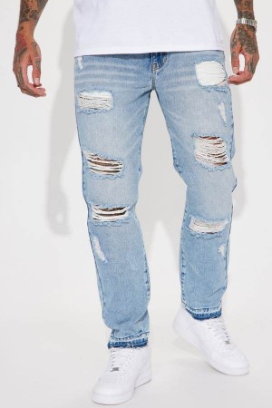 Jeansy Fashion Nova The Individual Ripped Straight Męskie Niebieskie Niebieskie Polska | 257381NZF